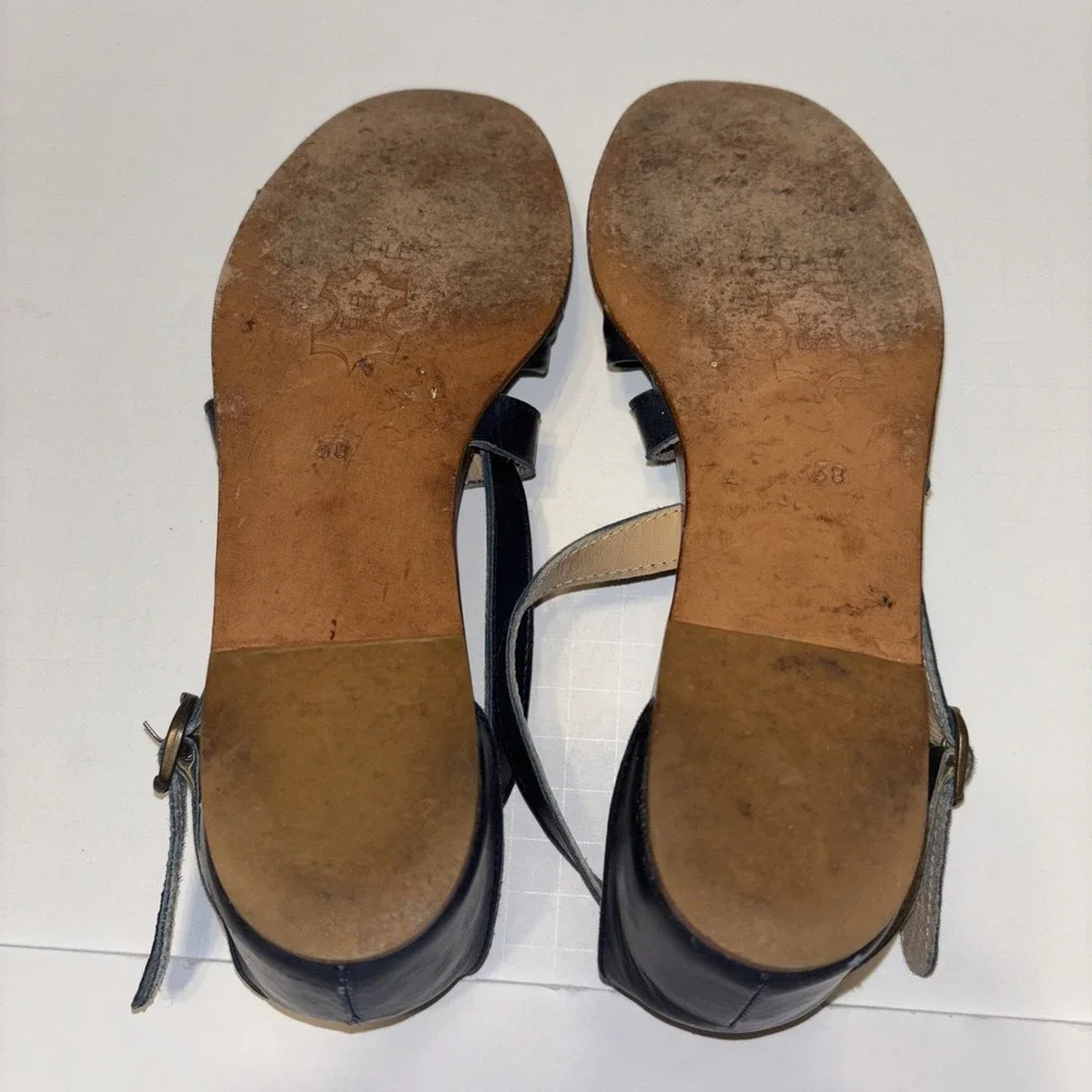 FIRST LADY BOOTERY Vintage Navy Leather Wedge Sandals Slingbacks Italy Sz 38
